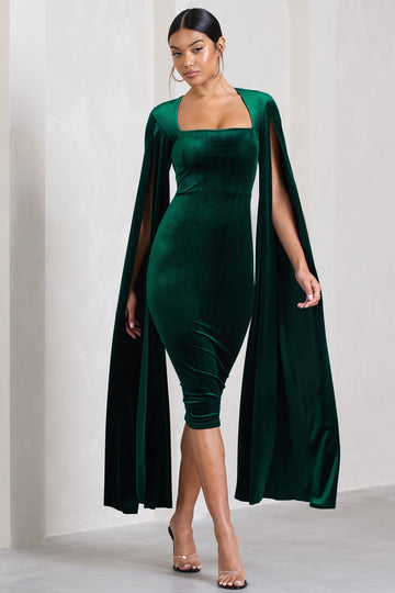 Flawless Bottle Green Velvet Square Neck Midi Dress With Cape Sleeves
